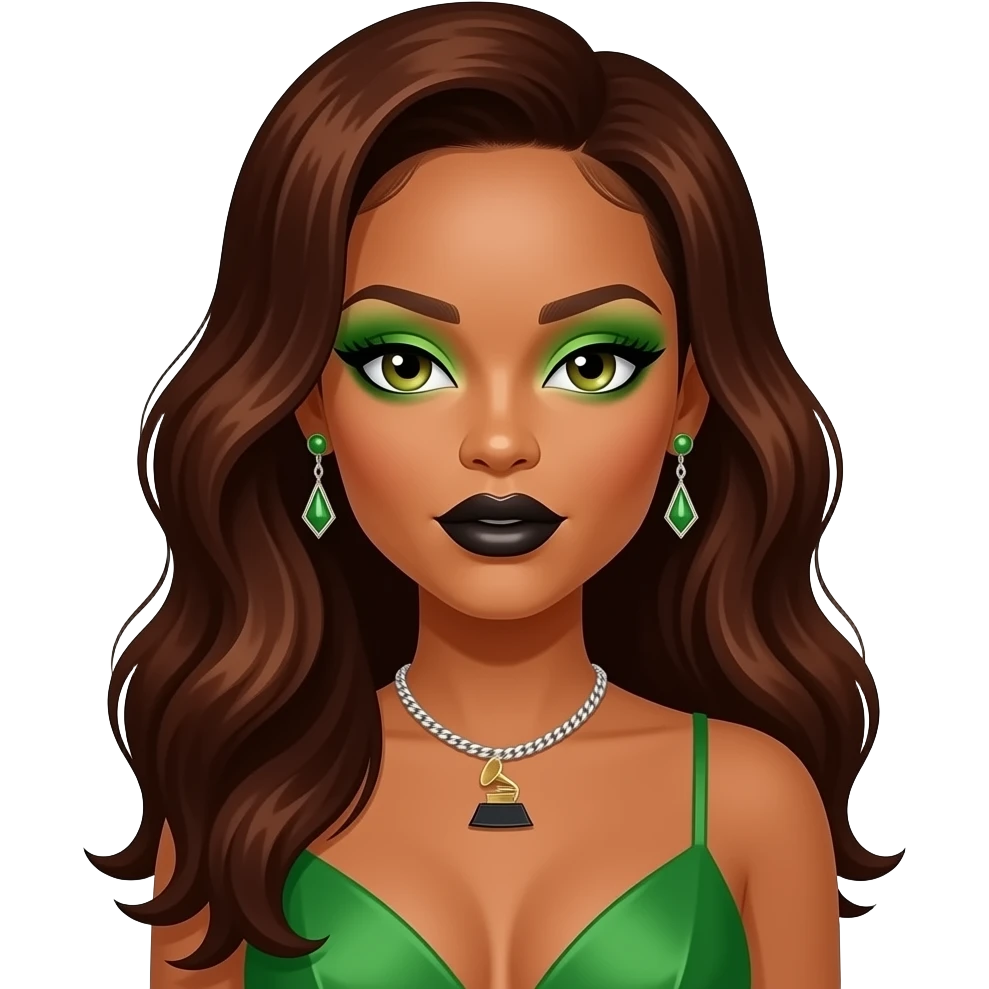 Rihanna with hazel-green eyes, long dark auburn hair, green eyeshadow, black lipstick, green grammy dress, earrings and necklace emoji