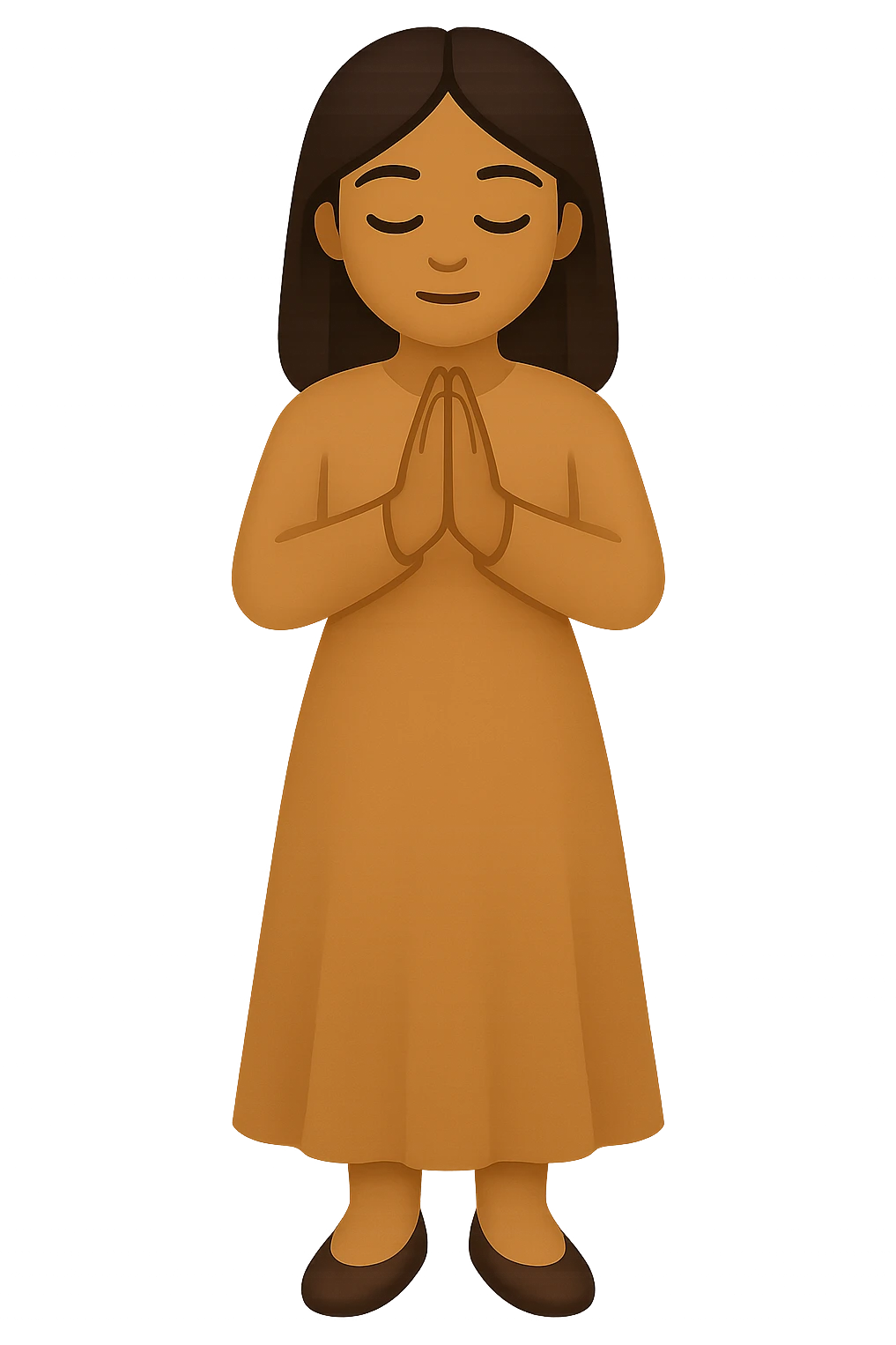 Show the woman standing and praying from the front view, wearing a long tan dress, with dark brown hair, in emoji style. Remove the background. emoji
