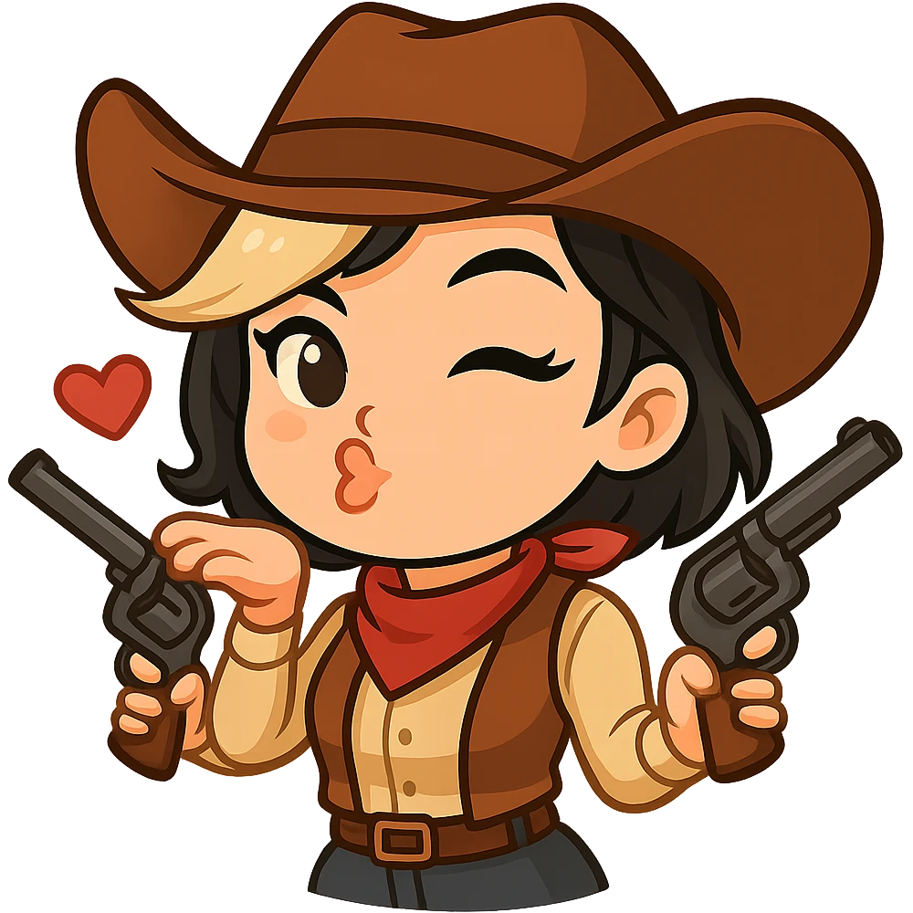 Remove only the left gun from this chibi cowgirl image, keeping the same pose, winking and blowing a kiss expression, and all other details unchanged. Maintain the chibi stickers style with a transparent background, sized for Twitch or Discord use. emoji