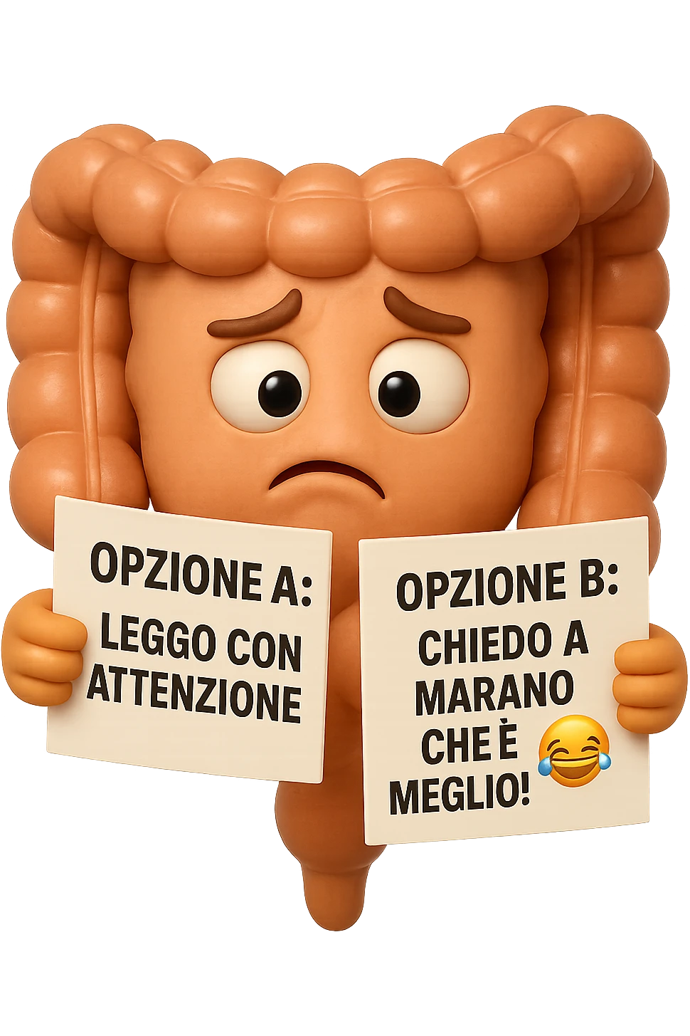 SU QUESTO STILE FAI UN EMOJI STILE IPHONE 3D DI UN INTESTINO CHE HA nella mano destra "OPZIONE A: LEGGO CON ATTENZIONE" E NELLA MANO SINISTRA" OPZIONE B: CHIEDO A MARANO CHE è MEGLIO! (METTICI UNO SMILE CON RISATE QUI)", FAGLI UN ESPRESSIONE CONFUSA MENTRE GUARDA L'OPZIONE A E FALLO MOLTO REALISTICO IN 3D emoji