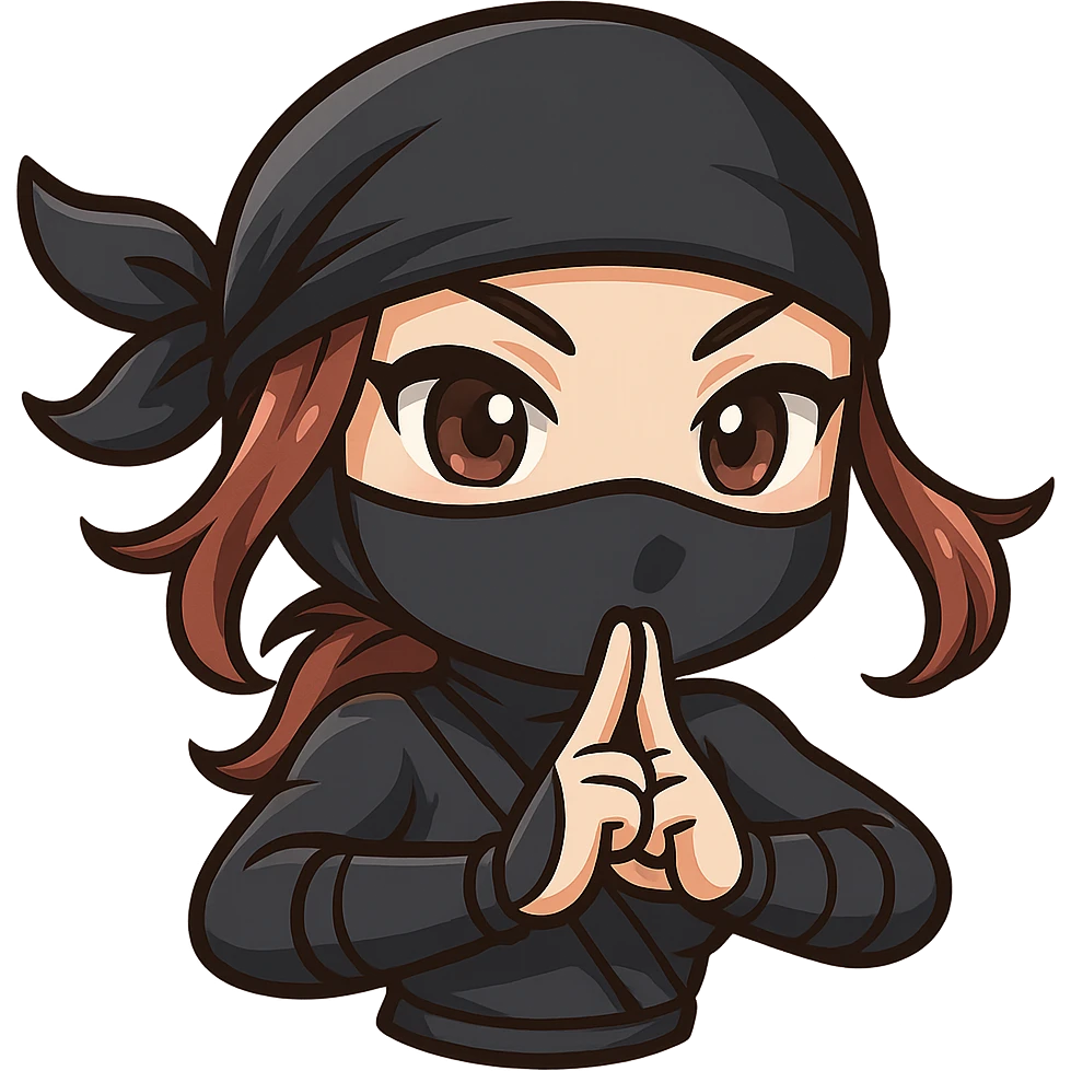 Crop to show only the head and arms of the sexy chibi ninja girl, keep bold outlines, sized for Twitch emoji use with transparent background. emoji