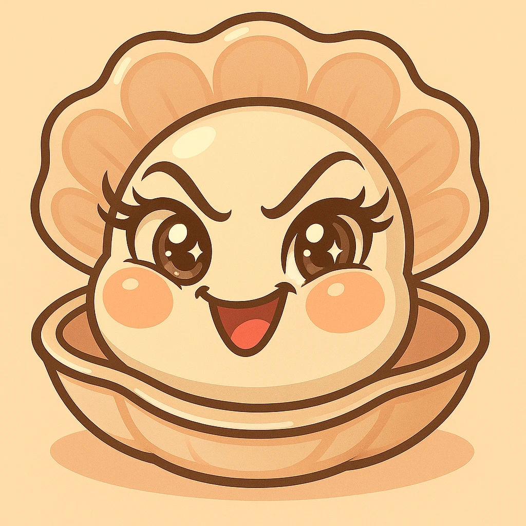 Enhance the contrasts of the image while keeping the very mischievous expression, very expressive and luminous eyes, elegant eyelashes, and accentuating the pastel, pearly, cream, peach, and greige nuances. Maintain the large shell, the small oyster, the pastel toon style, and the background as is. emoji