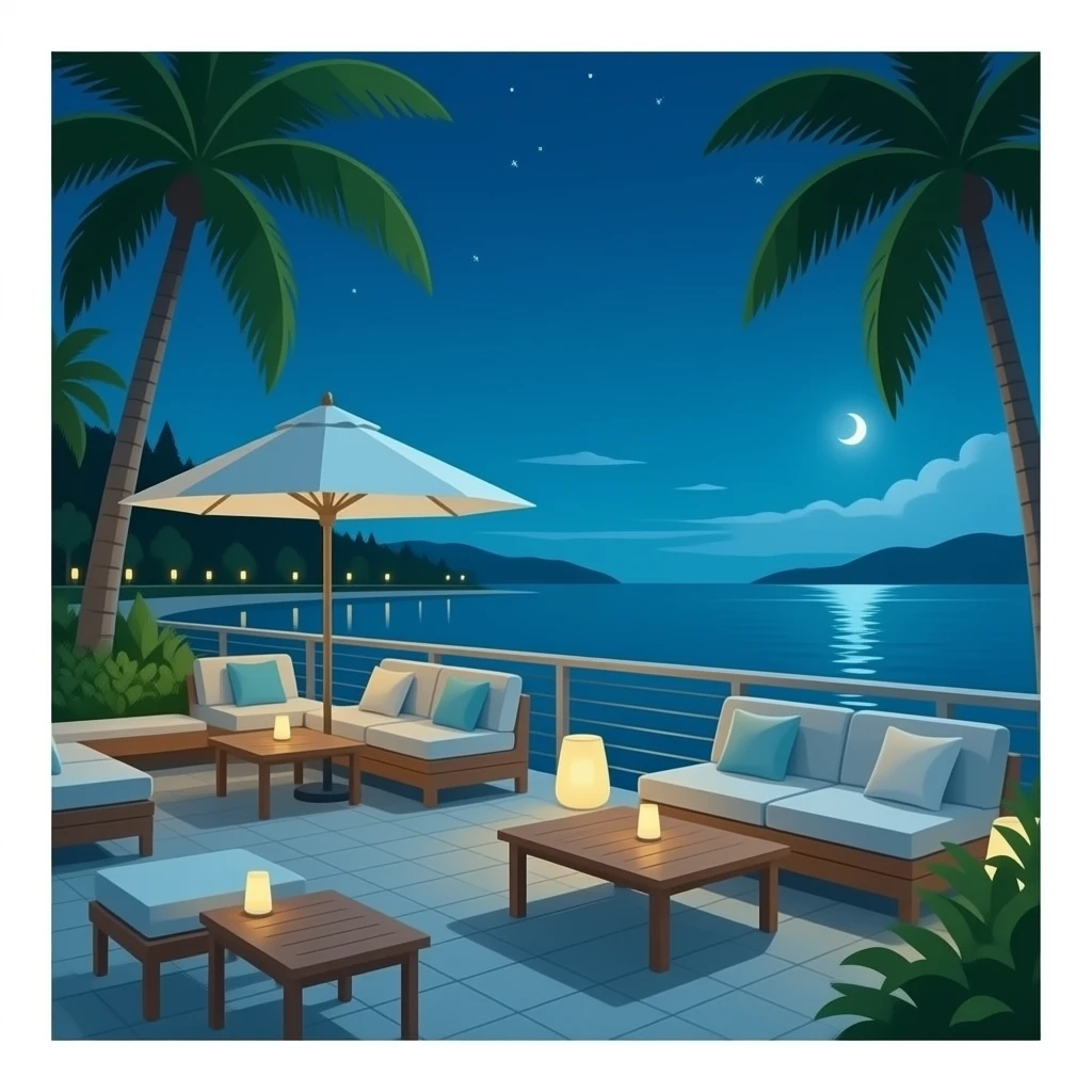 Novo Restaurant & Lounge: 3D emoji style, glossy surface, soft shadows, white background, centered, no text, creek-side patio, relaxed upscale night vibe, ocean blue and teal tones, emoji