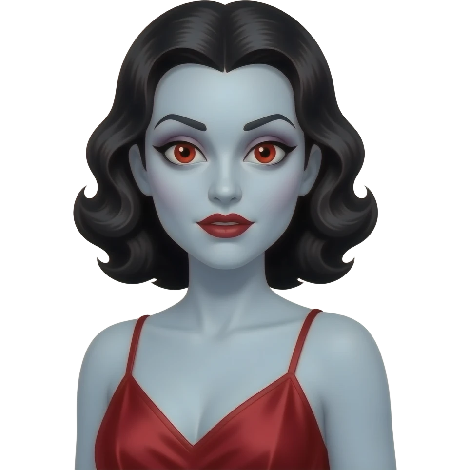 Bride of Dracula from Heroes and Villains with pale-grey skin, red eyes, black 1930s wavy hair, red silk nightgown emoji