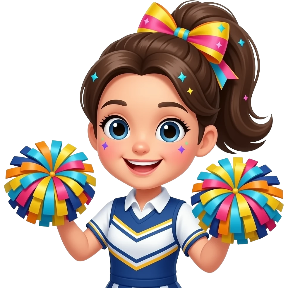 The schoolgirl has her hair in a high ponytail, tied with a brightly colored bow, and has a little glitter at the corners of her eyes or cheekbones. She's holding cheerleading pom-poms and looks cheerful. emoji
