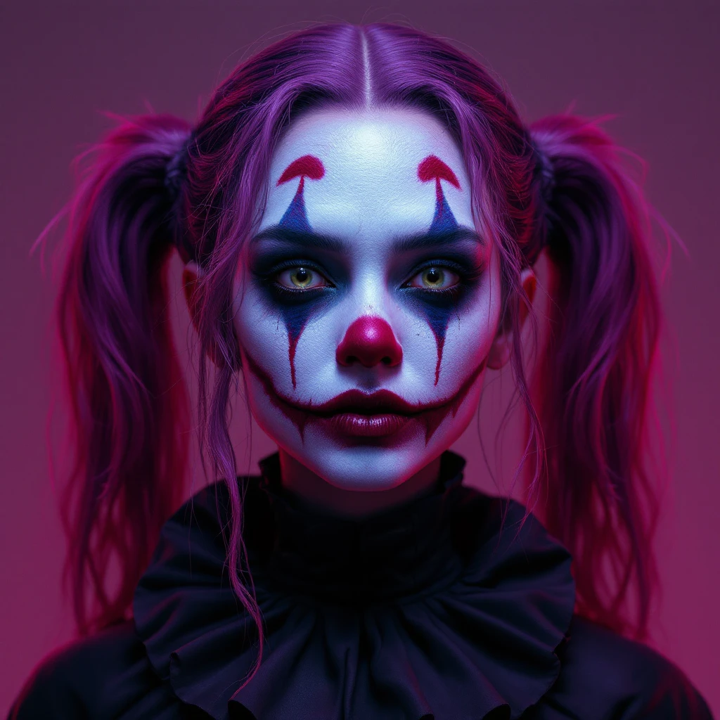 Render the necromancer character preserving her distinctive features, clown makeup, and mood, but apply the lighting, color, and finish characteristic of the Flux Pro style. emoji