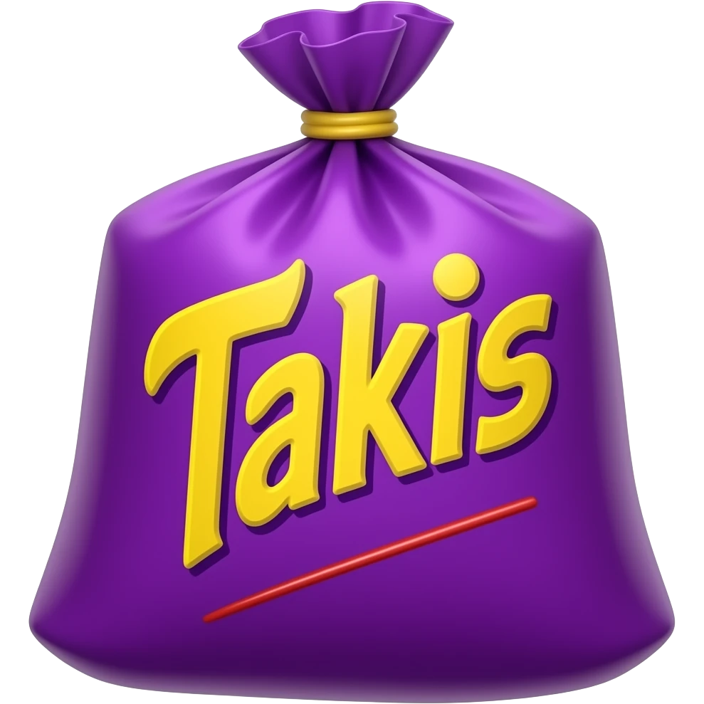 A purple bag that says Takis in yellow text and  simple font with small red sticks on it at the bottom emoji
