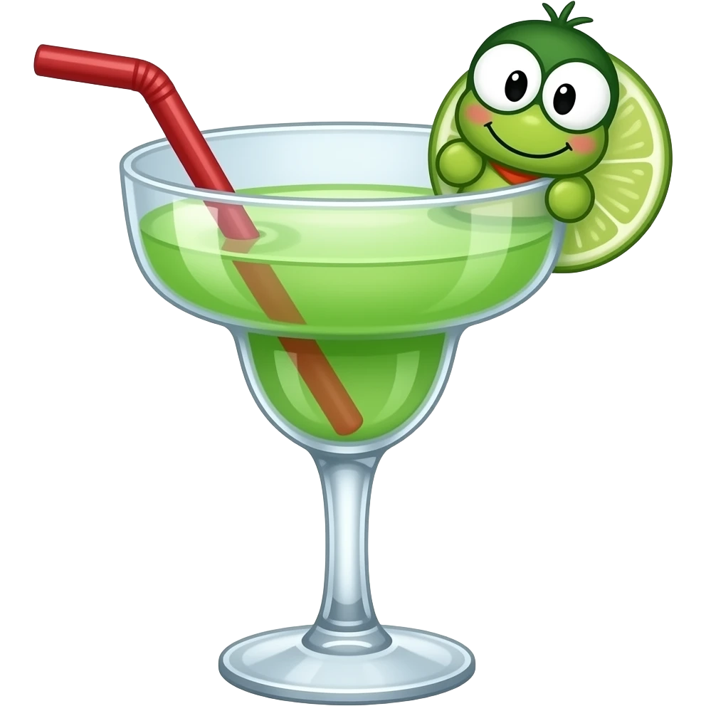 keroppi the sanrio character themed green and little bit of red colored cocktail in margarita glass with actual illustration of keroppi as a garnish emoji