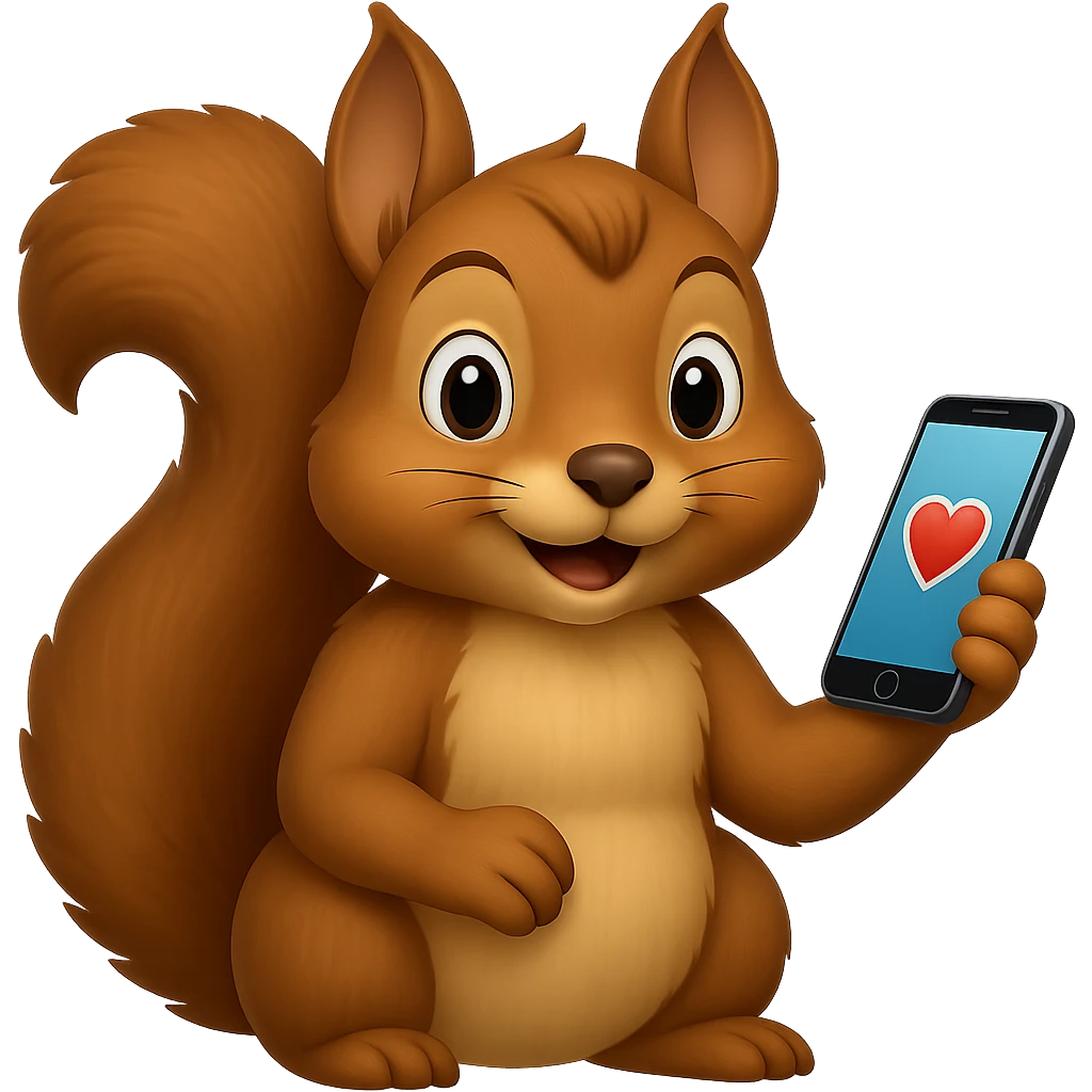 Edit this apple style emoji squirrel so it is only holding a single phone instead of two phones, remove one phone, keep the apple emoji style consistent, and remove the background. emoji