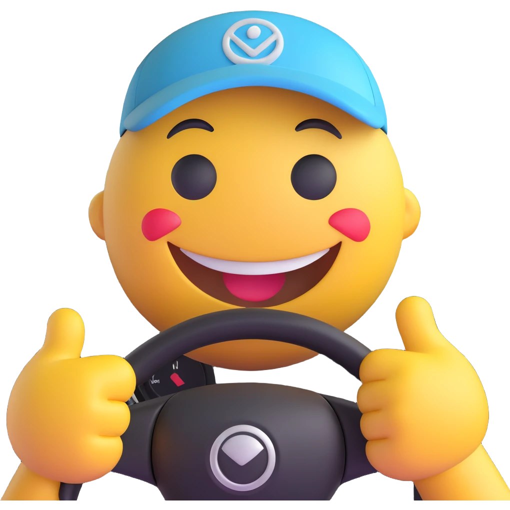 3D smiley emoji, round shape, youthful and cute bus driver: wearing a cap, behind the steering wheel, both hands on the wheel, big smile, transparent background emoji