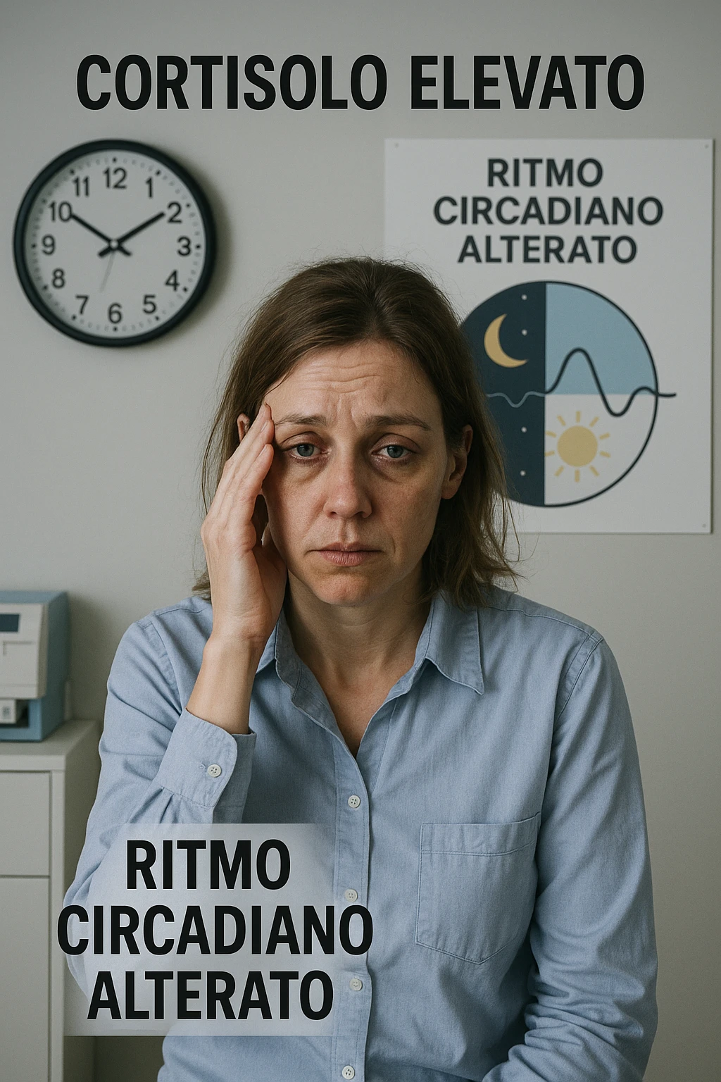 Donna con cortisolo elevato ritmo circadiano alterato immagine realistiche in italiano emoji