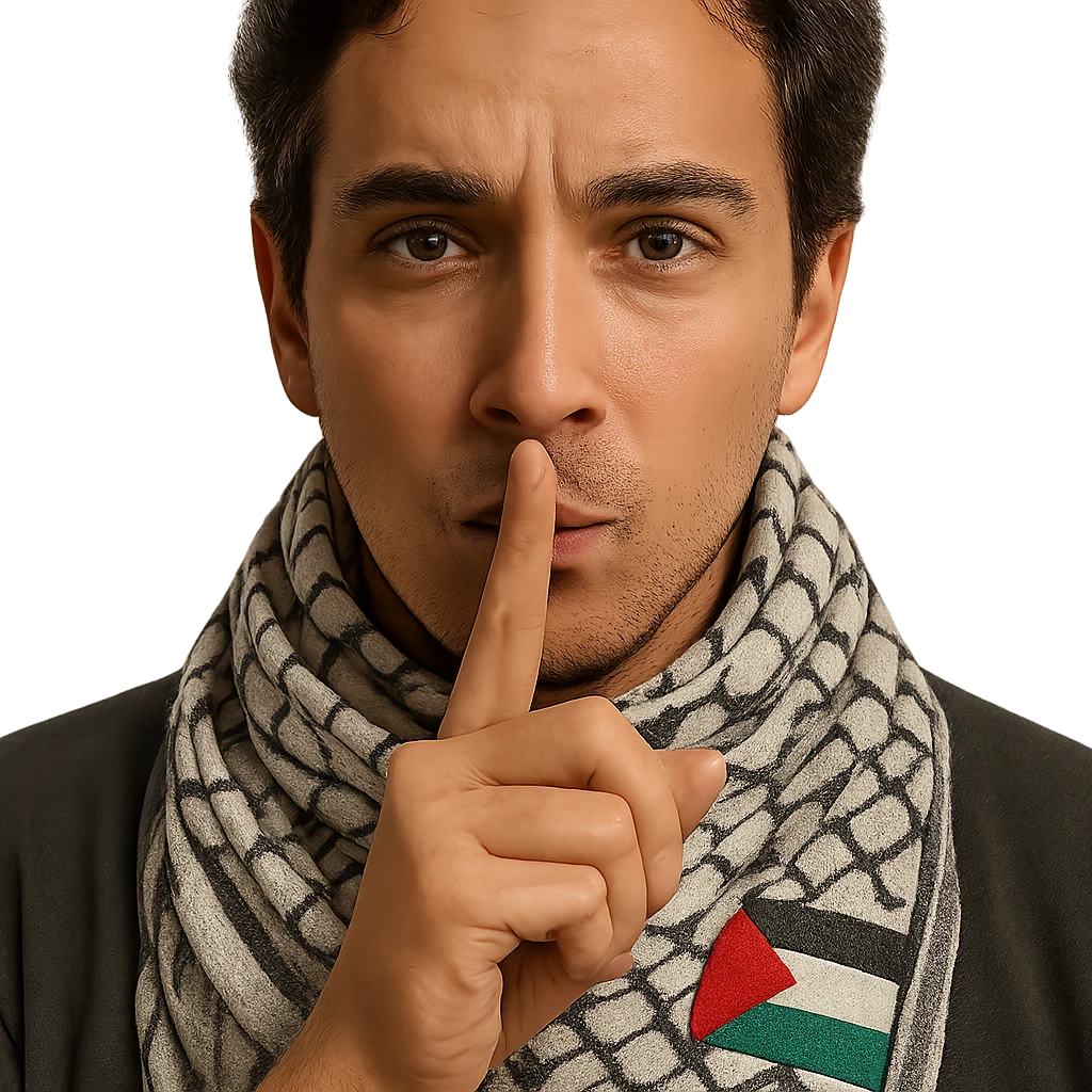 Enhance the Palestinian flag detail on the scarf to make it more visible, while keeping the person making the 'shh' gesture as the focus. Remove the background to isolate the subject. The style should maintain the original look and feel of the image. emoji