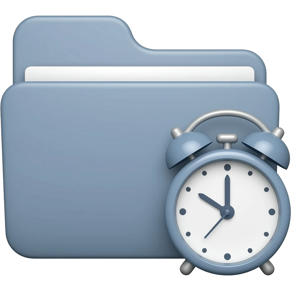 Create a minimal custom emoji for ‘waiting on approval’: a sleepy folder with a tiny clock, muted blue-gray palette, simple rounded shapes, no background. emoji