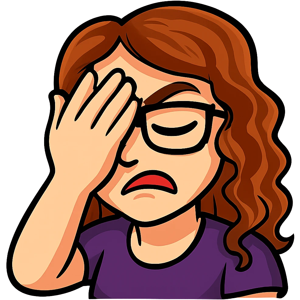Create a Twitch emote of the person in the reference photo with glasses and curly hair in a bold and expressive style. The emote should show the person facepalming. Use a transparent background. emoji