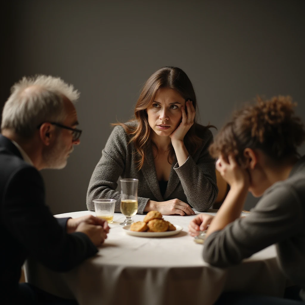 persona seduta a un tavolo con altre persone che la ignorano, espressione di disagio e frustrazione, atmosfera sociale imbarazzante, dettagli iperrealistici 4K emoji
