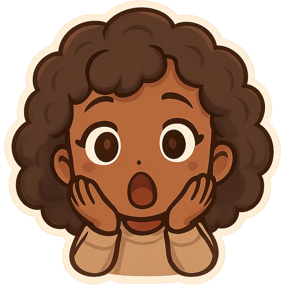 chibi emoji of a female with curly hair and brown skin, surprised expression emoji