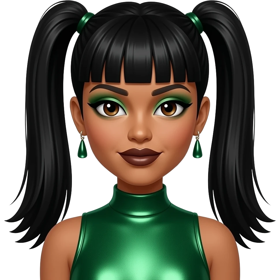 Lisa Left Eye Lopes from TLC with medium dark skin, dark brown eyes, black 1990s straight two high ponytail bang hair, green eyeshadow, dark brown lipstick, green metallic high neck dress, earrings emoji