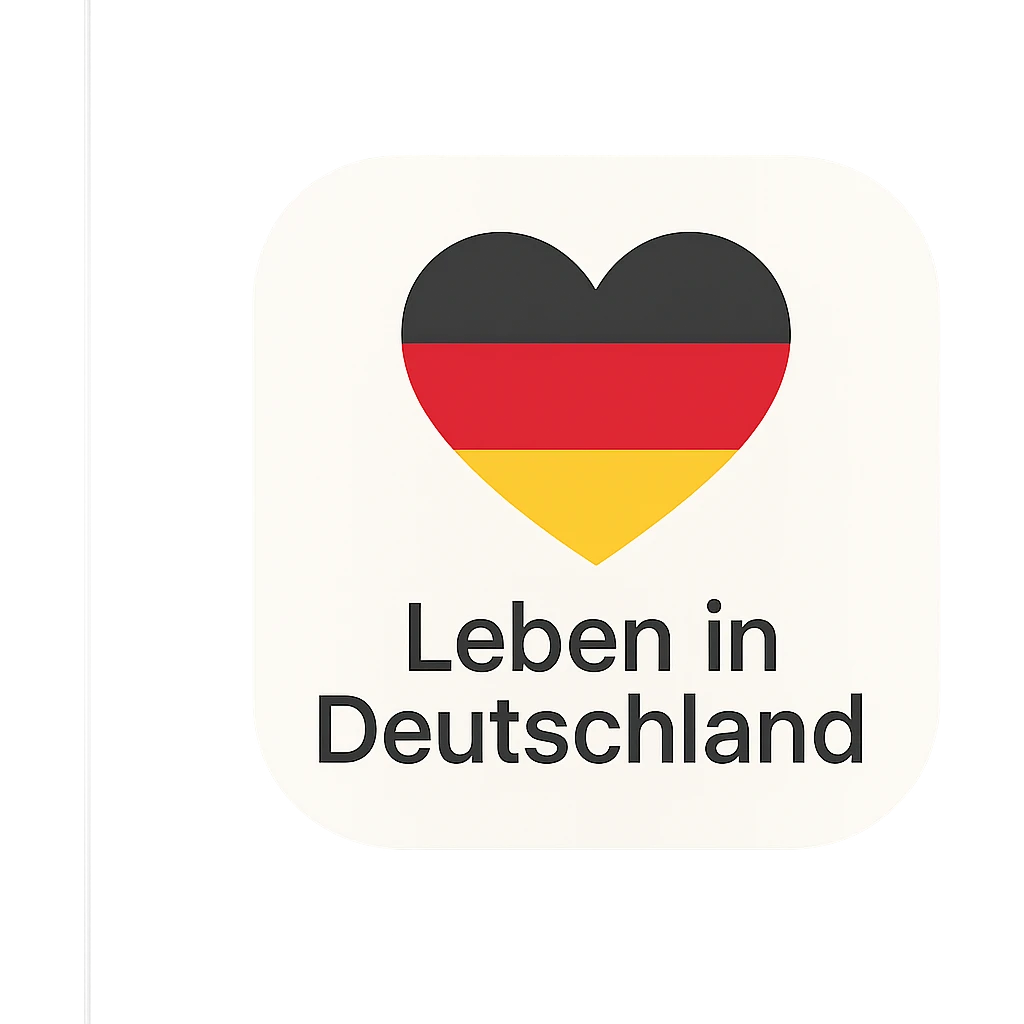 modern inviting mobile app icon for 'Leben in Deutschland' with heart shape incorporating German flag colors black red gold emoji