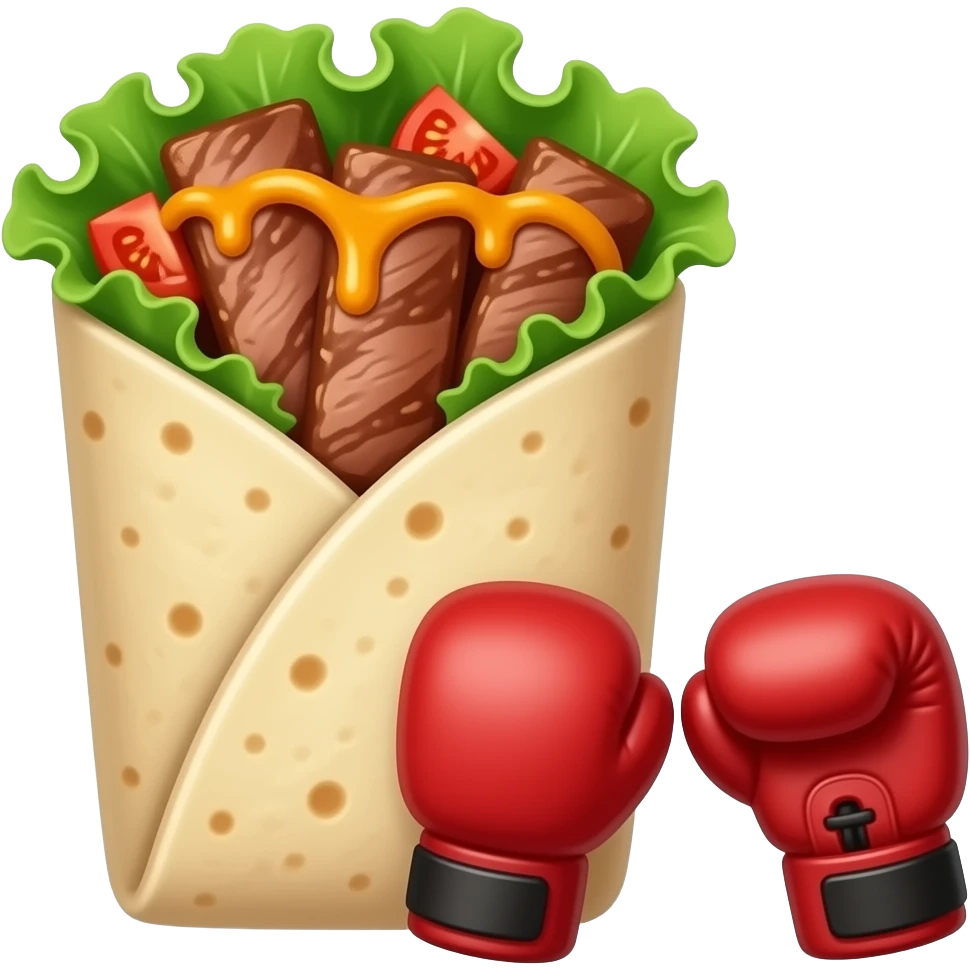 Doner kebab emoji in an open flatbread (not wrapped like a dürüm), visible filling with layered meat slices, lettuce, tomato and sauce, bread folded but open at the top, small boxing gloves, no arms or legs, clean glossy emoji style emoji