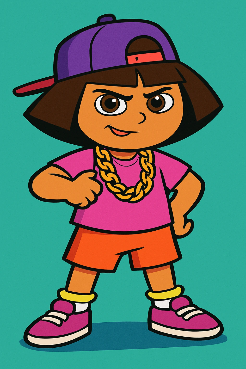 Dora the Explorer as a thug, cartoon style, gold chain, confident pose, vibrant colors emoji