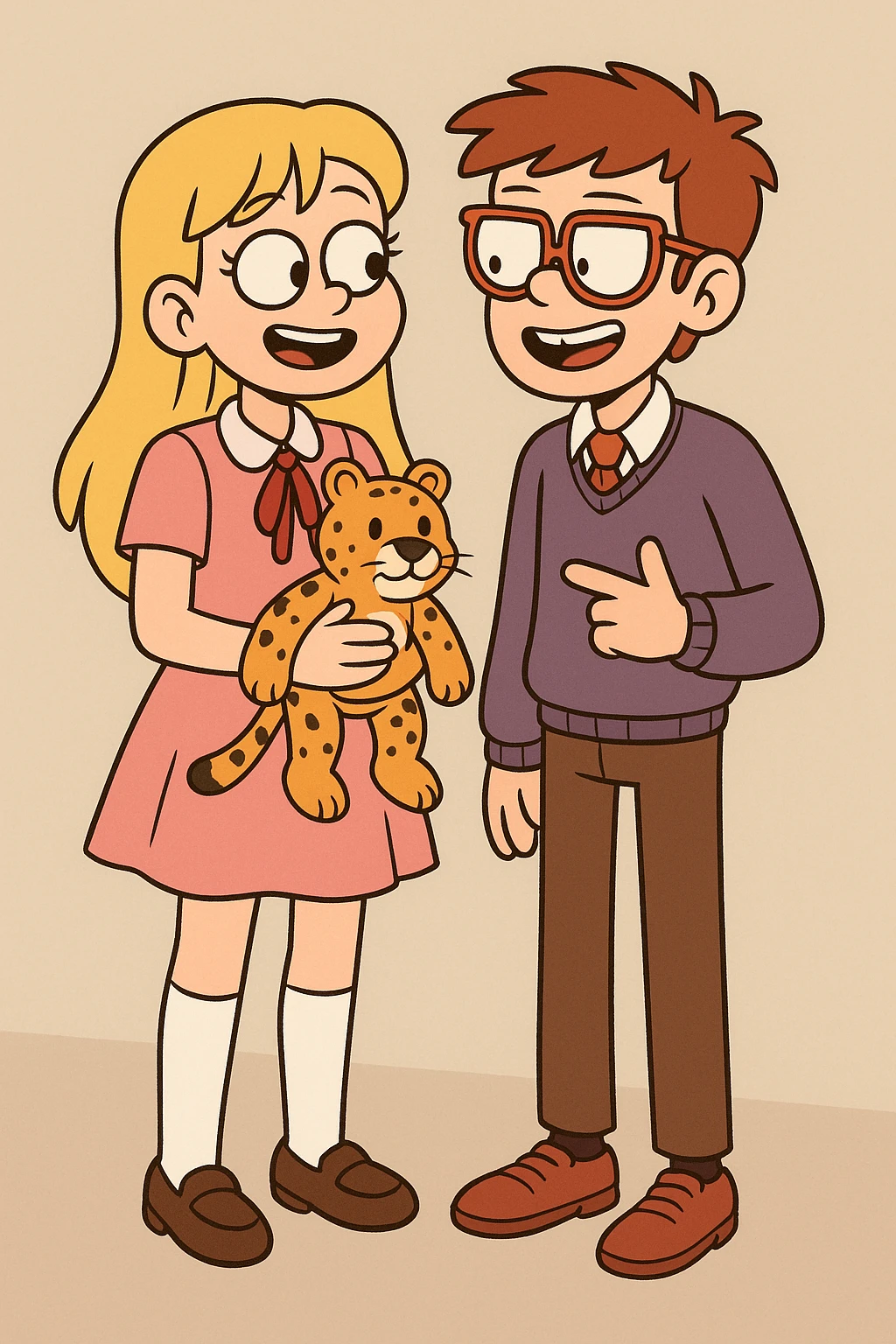 A Girl yellow hair Baby dresses pink school uniform white knee highs sock brown loafer girls shoes plushie Cheetah a boy orange glasses with shirt pjumper purple a pink red tie shoe emoji