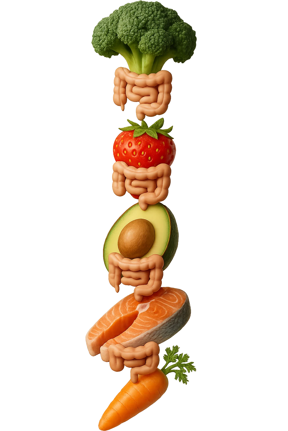 cibo sano fluttua in aria verticalmente stringendo piccoli colon umani, stile emoji iphone, iperrealistico 4k emoji
