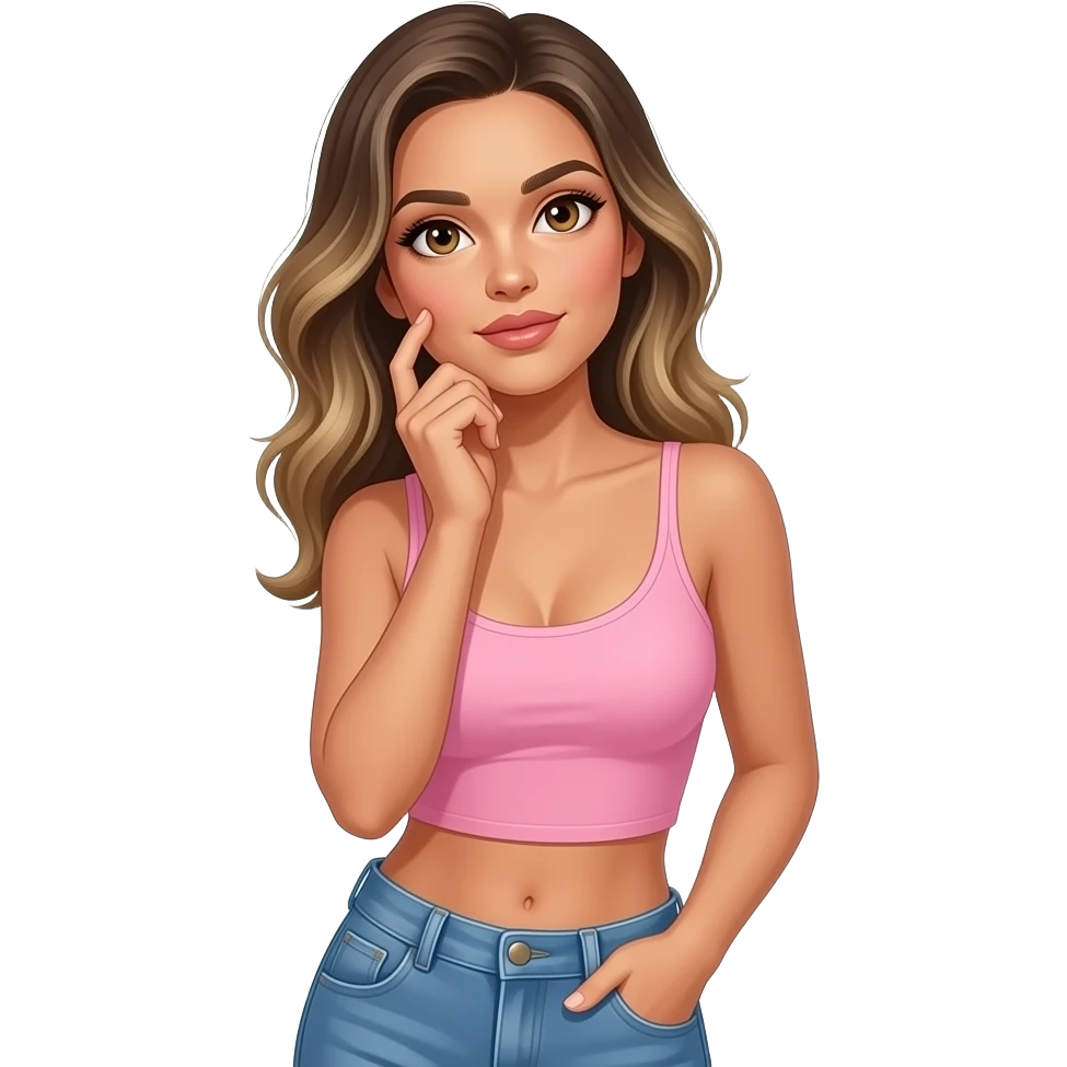 Adriana Lima looking woman that is wearing baby pink crop top and jeans and has dark blonde hair and hazel eyes and is thinking and has one hand on her cheek and looking up she needs to look sexy emoji