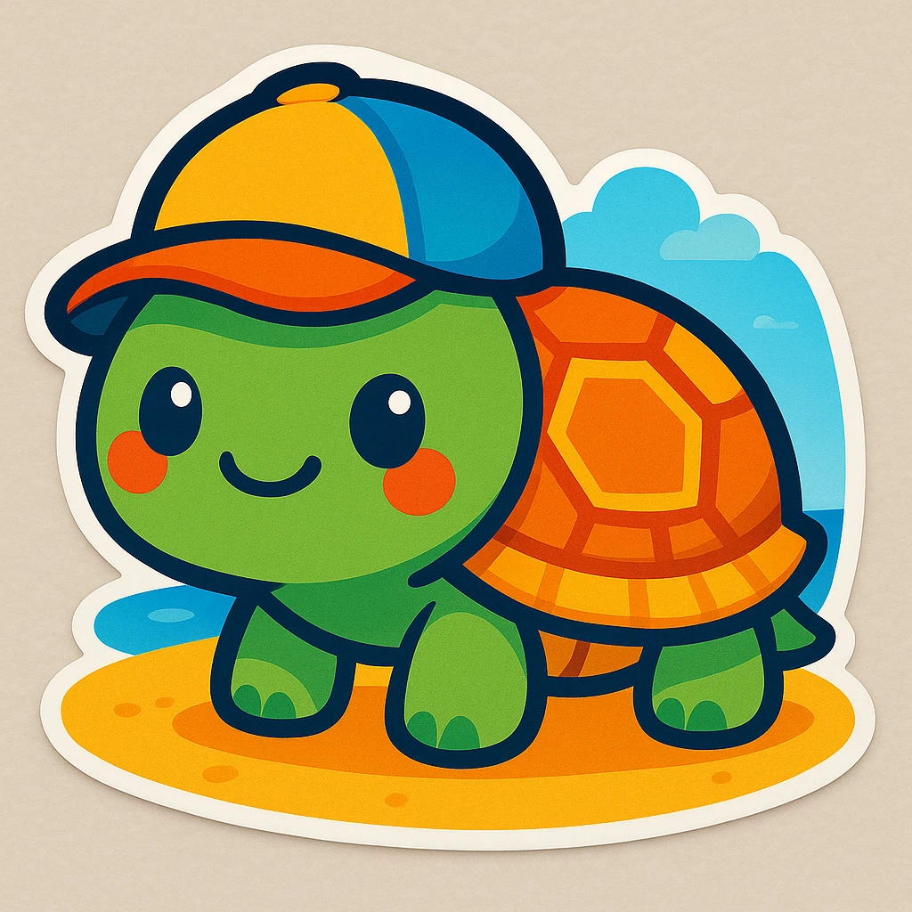 Change the party hat to a baseball cap on the cute turtle on sand, in a bright and cute chibi stickers cartoon style. emoji