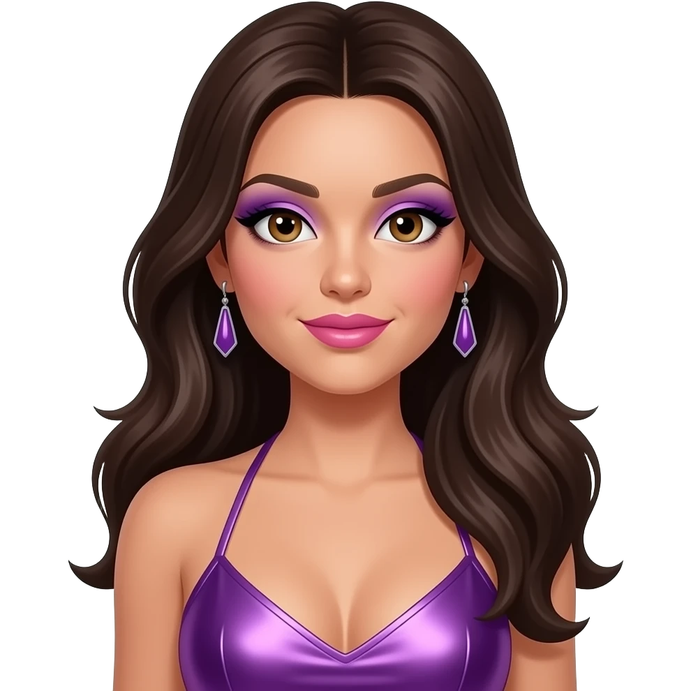 Jessica Sutta from The Pussycat Dolls with hazel eyes, long dark brunette 2000s hair, purple eyeshadow, pink lipstick, purple metallic halter dress, earrings emoji