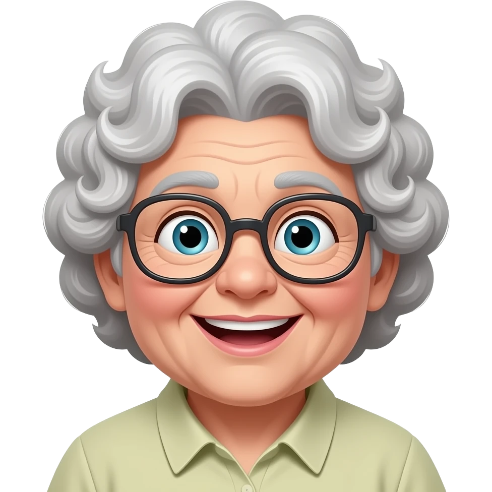 Silly old lady, curly gray hair, glasses, chubby emoji