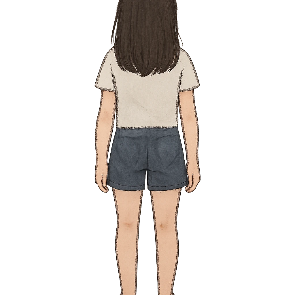 illustration of a girl standing with her back facing the viewer, neutral pose, simple clothing, no background emoji