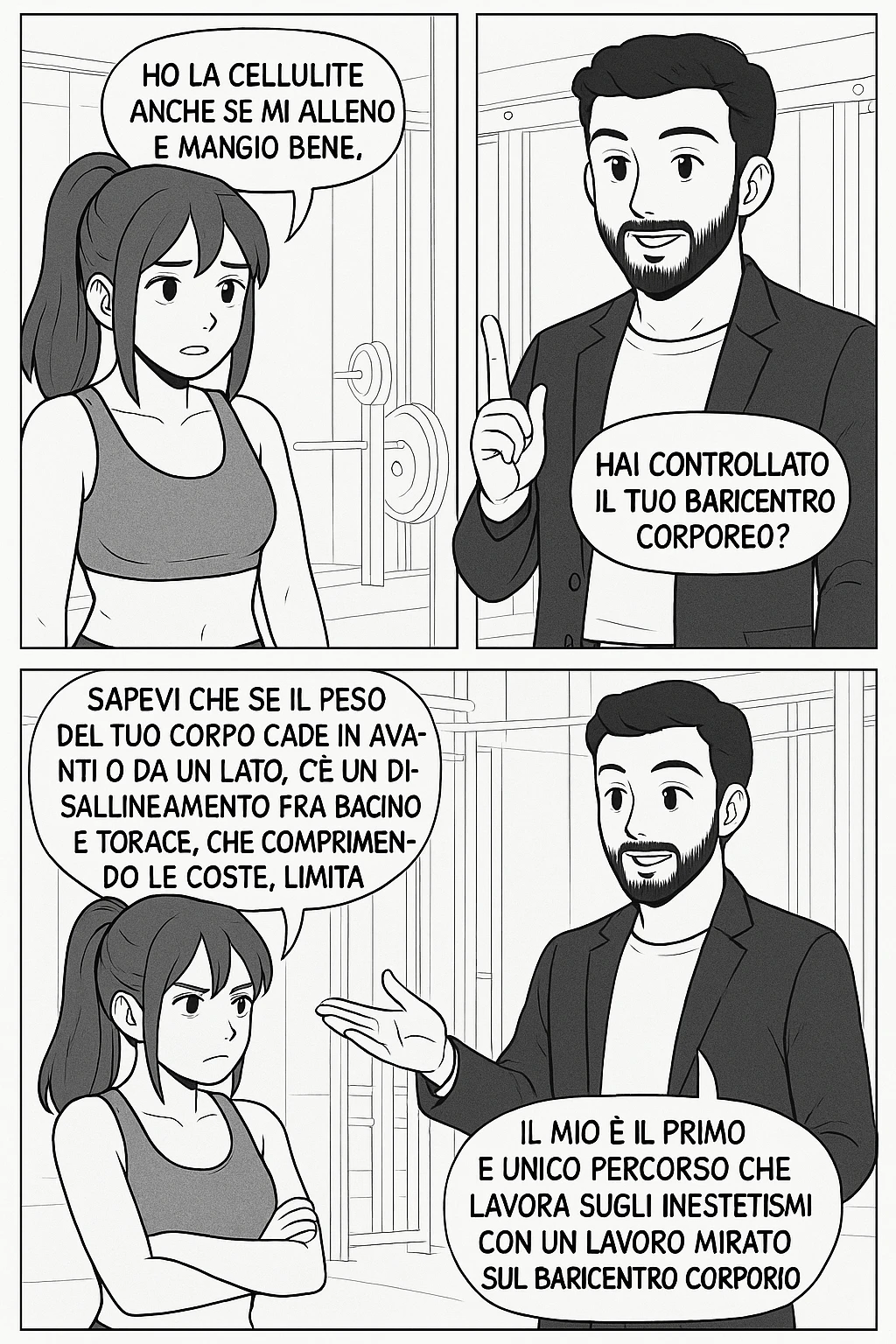 PRENDI SPUNTO DA QUESTO STILE FACENDO UN WEBTOON/MANGA:

LEI (DONNA): Ho la cellulite anche se mi alleno e mangio bene, cosa posso fare?

LUI (UOMO): Hai controllato il tuo baricentro corporeo?
LUI (UOMO): Sapevi che se il peso del tuo corpo cade in avanti o da un lato, c’è un disallineamento fra bacino e torace, che comprimendo le coste, limita la motilità del diaframma e l’ossigenazione dei tessuti?
LUI (UOMO): Il mio è il primo e unico percorso che lavora sugli inestetismi con un lavoro mirato sul baricentro corporeo. emoji