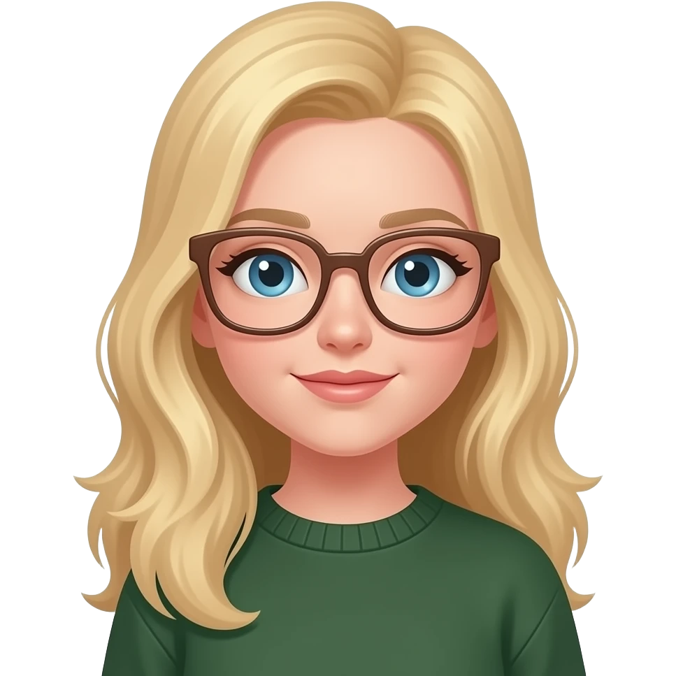 Blond Hair girl with squared light brown glasses, blue eyes. White skin and dark green pullover. emoji