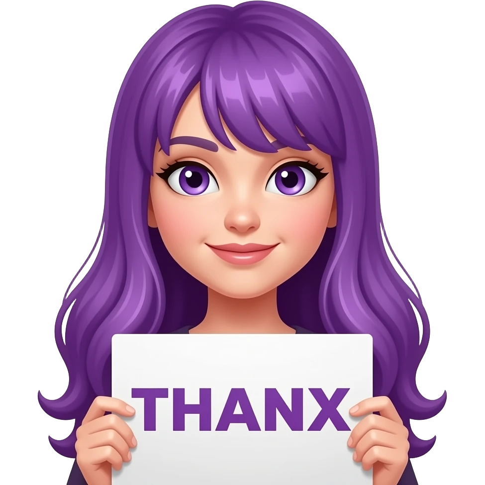 sexy girl with long purple hair and purple eyes holding a THANX sign emoji