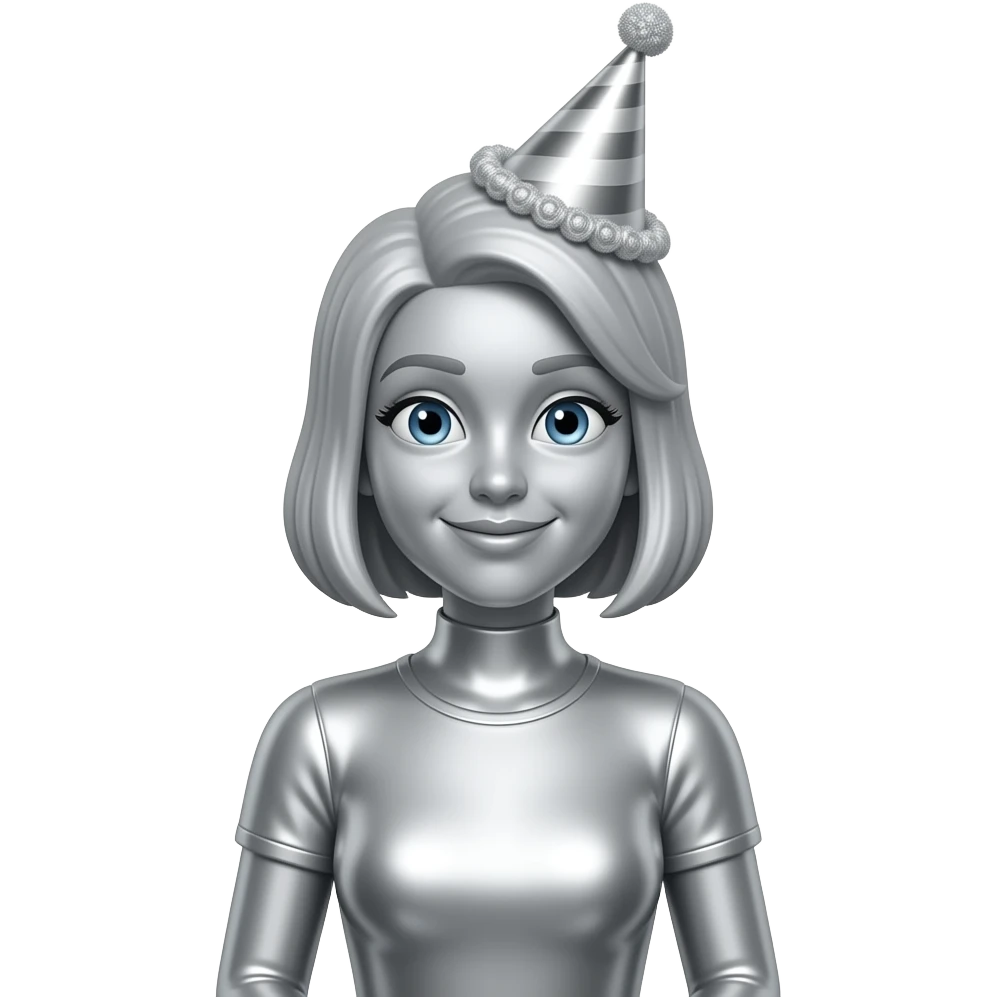 Create an emoji of a seated female figure in metallic silver. The woman is making a face and wearing a party hat. The background is white. The final result must have maximum resolution, high contrast, and extreme sharpness. Illustration style: Vintage – Art Deco – 2D emoji