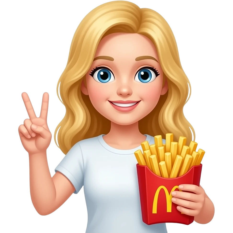 a blonde girl holding a bag of fries, while holding up a peace sign with the other hand emoji