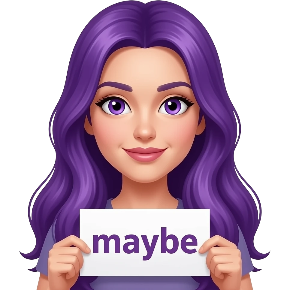 sexy girl with long purple hair and purple eyes holding a MAYBE... sign emoji