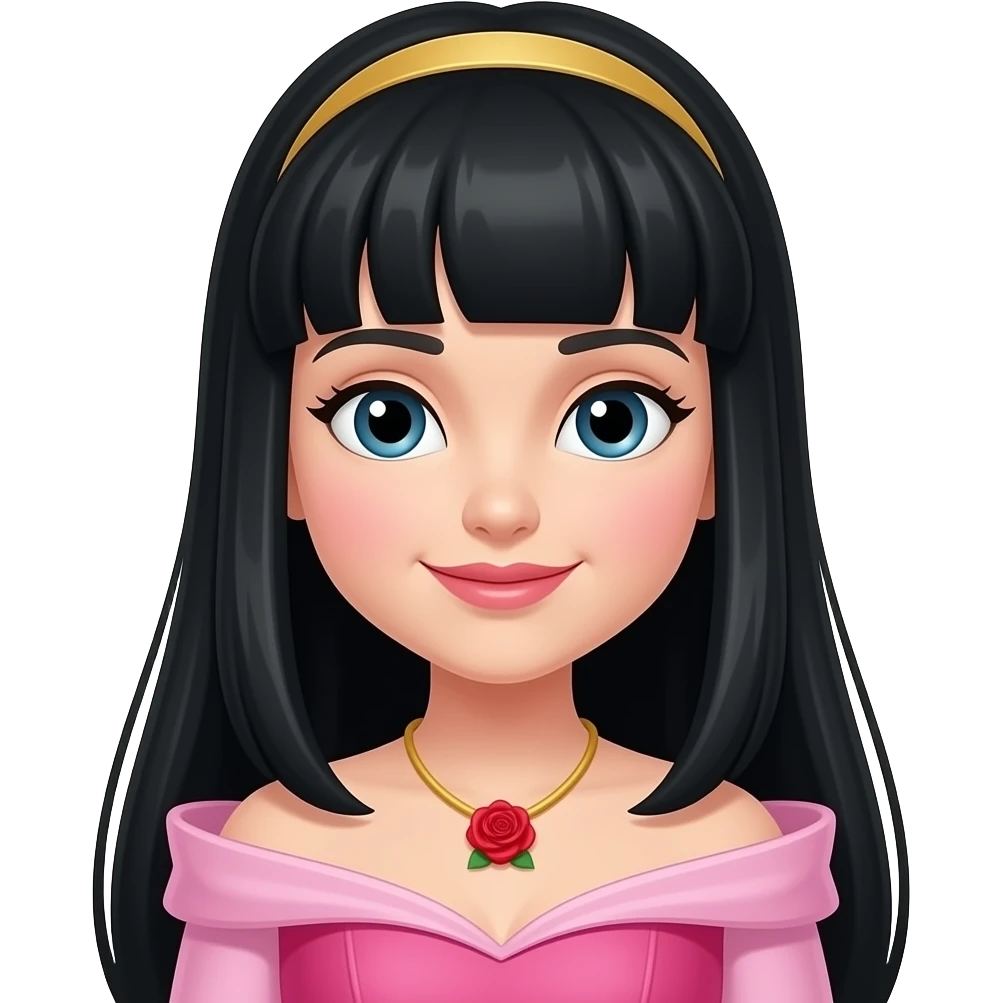 Princess Aurora but the hair is black. Then change the necklace into a red rose necklace the dress should be a pink one like sleeping beauty. Can you straighten the hair. And make the face a little rounder. emoji