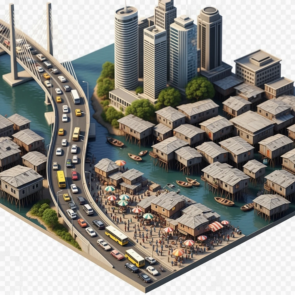 Isometric miniature of Lagos Lekki-Ikoyi Bridge, Eko Atlantic skyscrapers, Makoko slums, tin-roof shacks, chaotic markets, gridlocked traffic, 3D miniature effect and Tilt Shift effect, no cartoonish look, transparent background, don't cut angles emoji
