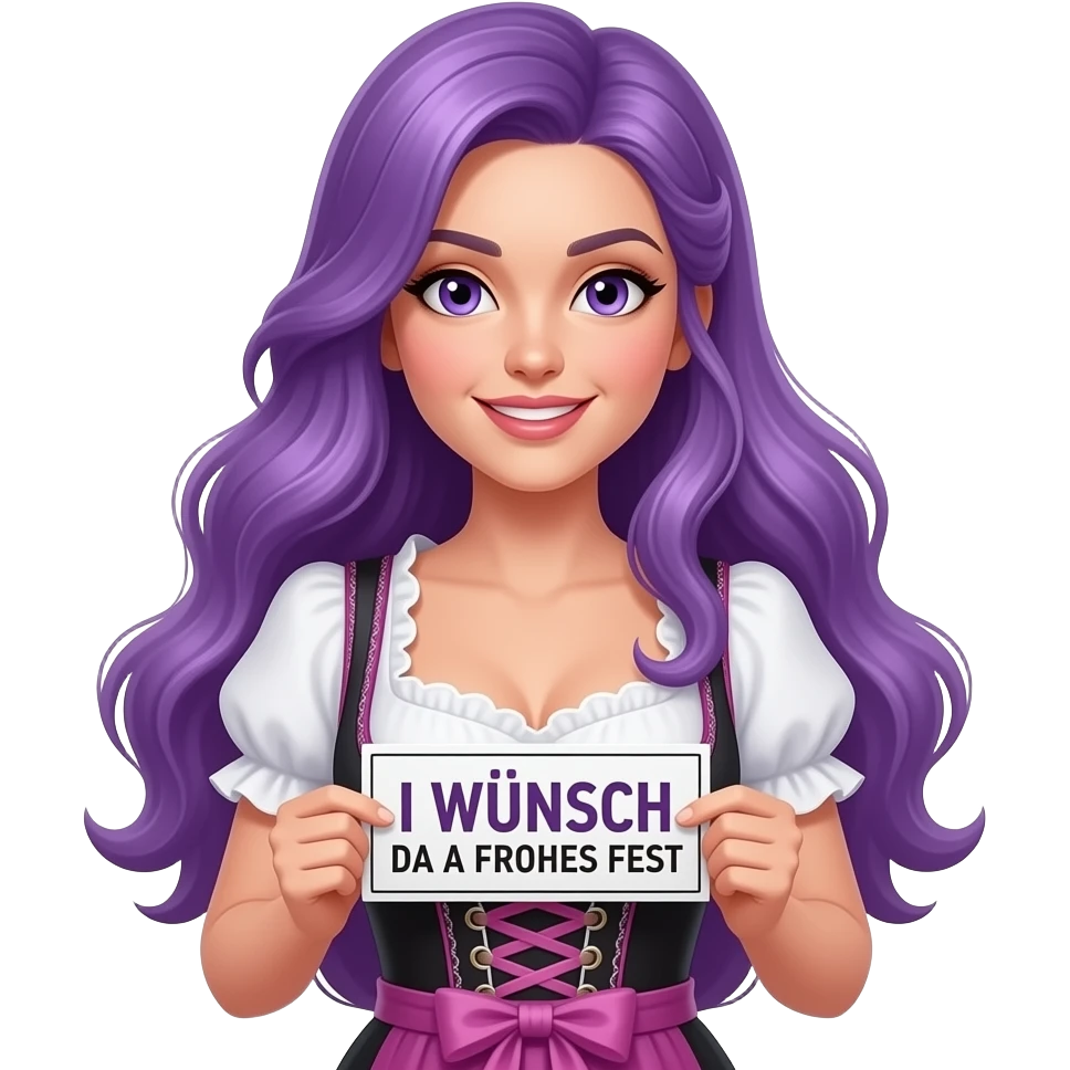 sexy girl with long purple hair and purple eyes wearing a dirndl holding a I WÜNSCH DA A FROHES FEST sign emoji