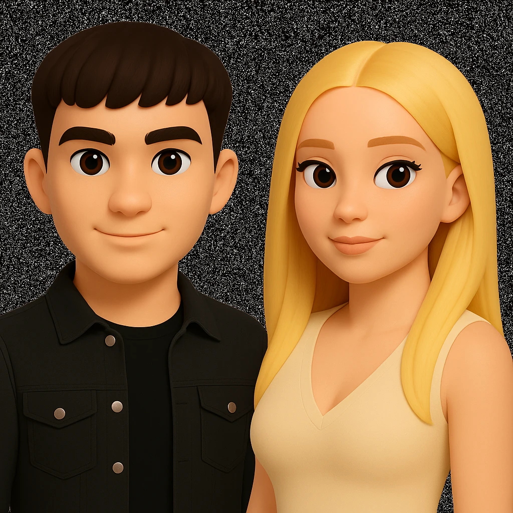 Slightly increase the volume of the upper body of the girl, separate the girl and the boy from each other, and make the skin color the same for both. Maintain the cartoonish 3D style in the edits. emoji