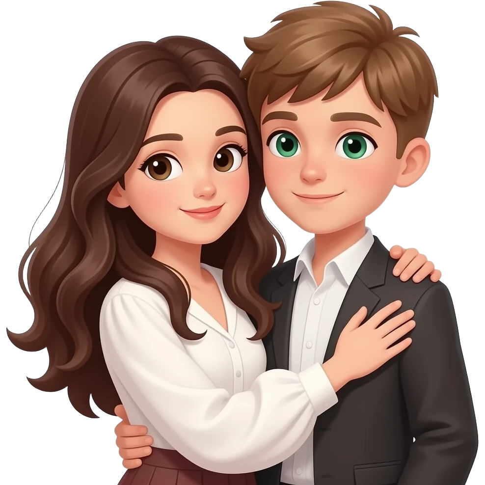 girl and boy hugging. girl luscious chocolate brown hair, long hair, light olive skin tone, diamond shaped face, dark brown almond eyes, she is wearing a flowy white blouse. boy has oval face, green eyes, small eyes, hair brown-blond, hairstyle classic and not very long hair not parted emoji