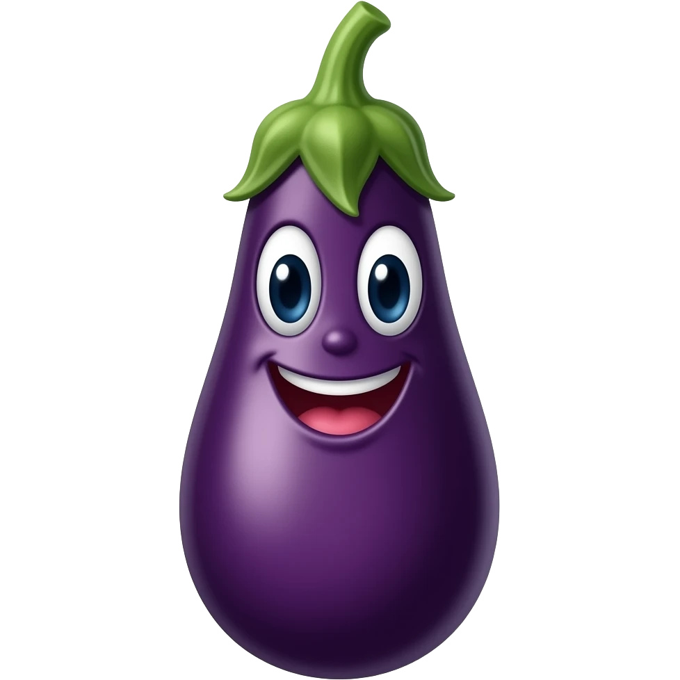 Thin 🍆 standing up with stem at bottom, smiling emoji