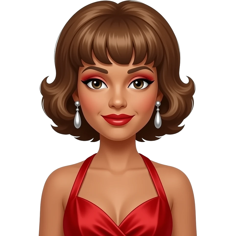 Mary Wells with golden brown 60s beehive hair, red eyeshadow and lipstick, red silk halter dress, silver earrings emoji