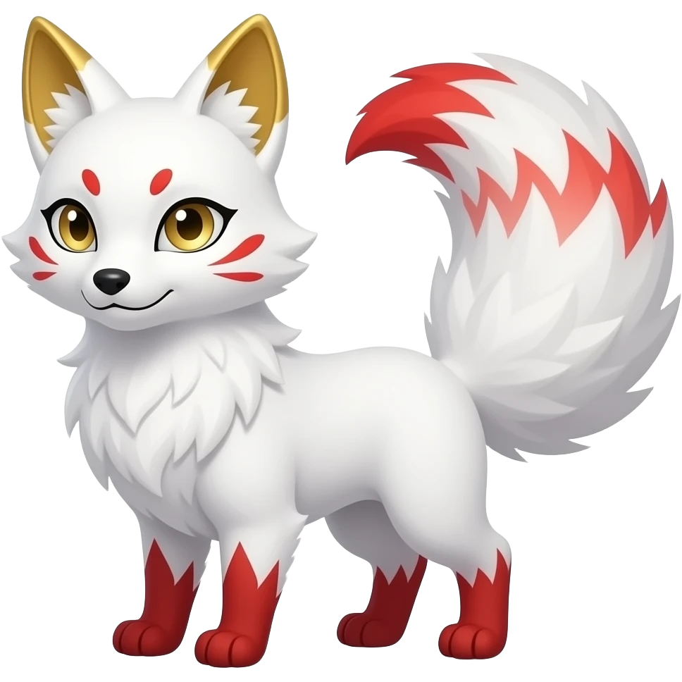 A white one-tailed Kitsune (Fox Form,) with red accents, gold accents in his ears and pale golden eyes. emoji