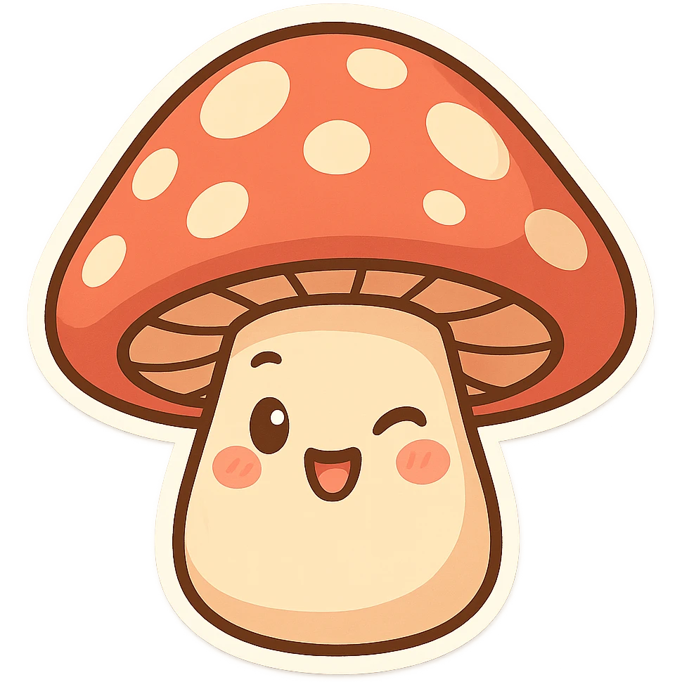 chibi sticker-style mushroom with a winking face, cute and exaggerated emoji