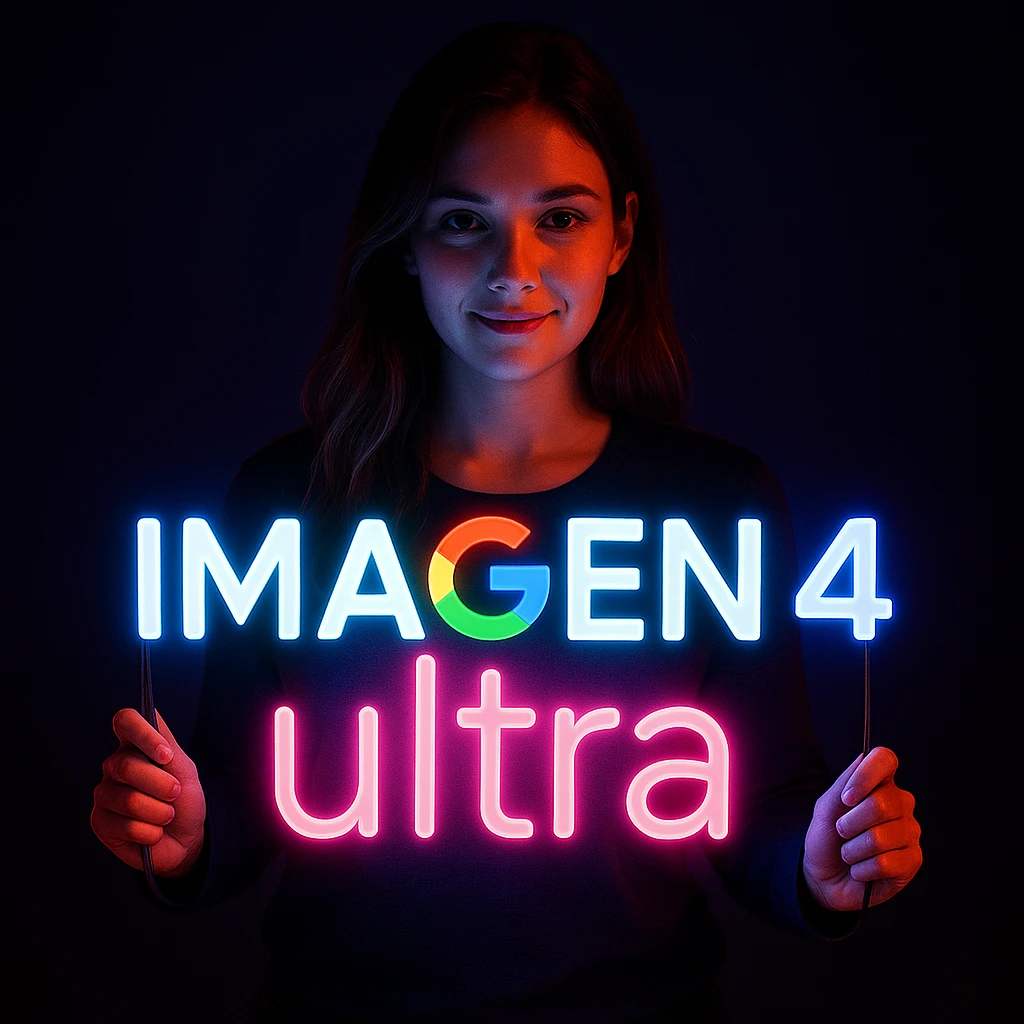 make a girl holding this sign, but sign in made of neon, also add ultra below the sign emoji