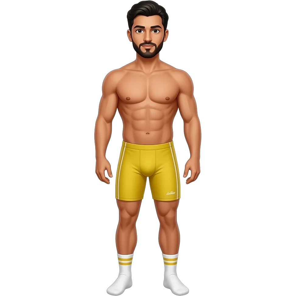 Arab man in yellow speedo wearing white gym sicks with yellow stripe emoji