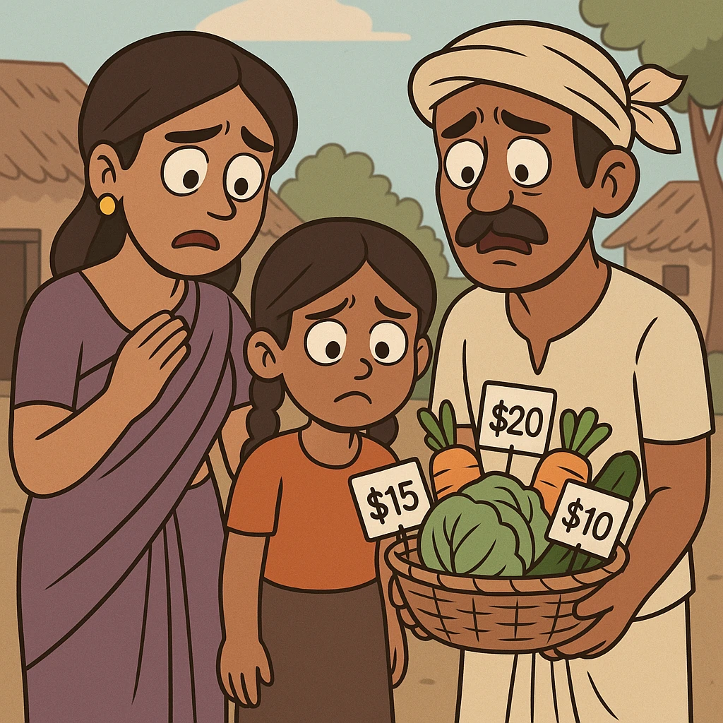 cartoon illustration of a poor tribal Indian family looking worried at a small basket of vegetables with high price tags, rural village background, conveying struggle caused by inflation in vegetable prices emoji