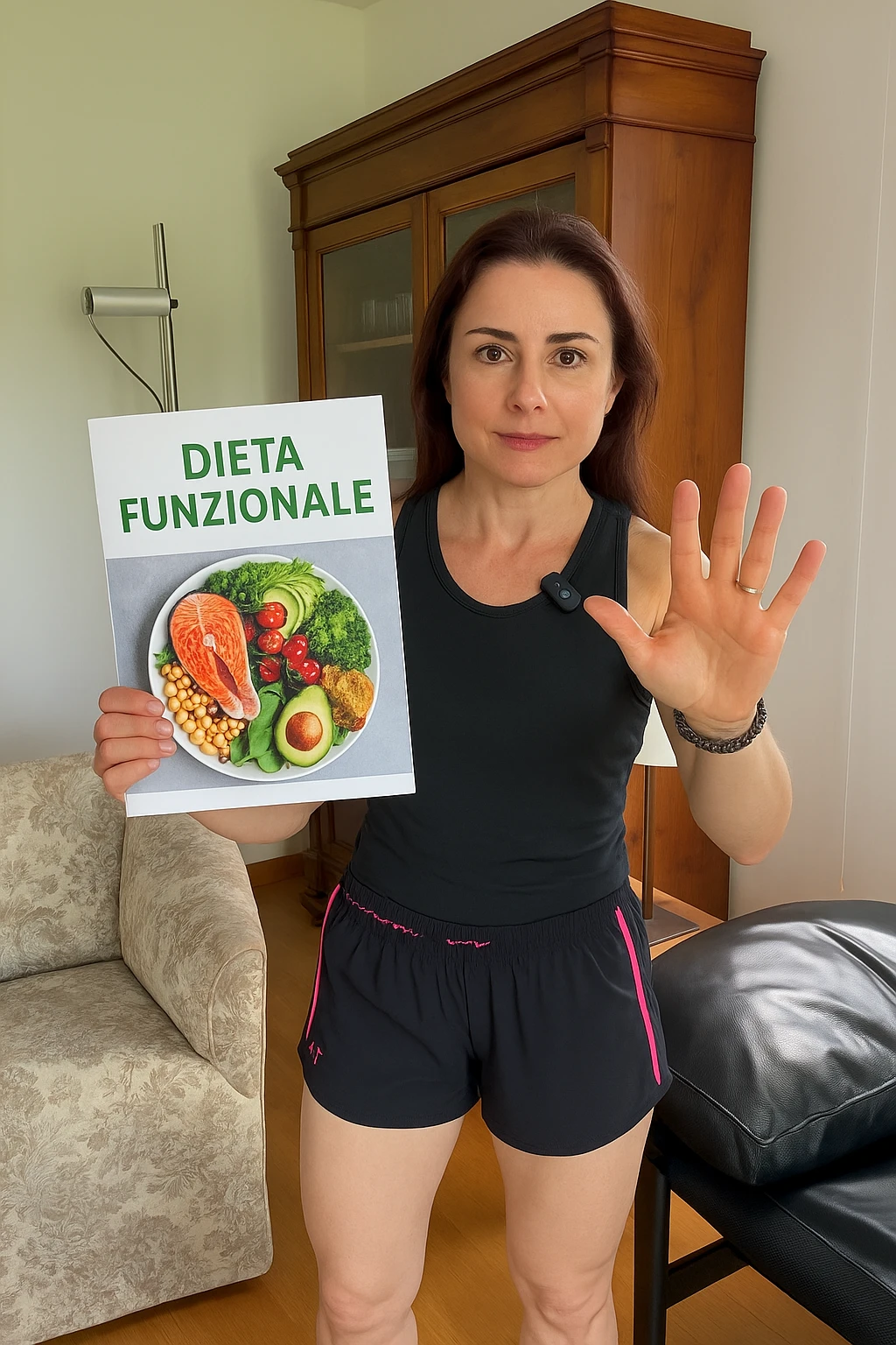Donna con in mano una dieta con scritto "Dieta Funzionale" emoji